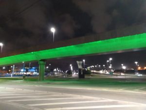 Viaduto em Santos se ilumina de verde e chama atenção para síndrome rara infantil