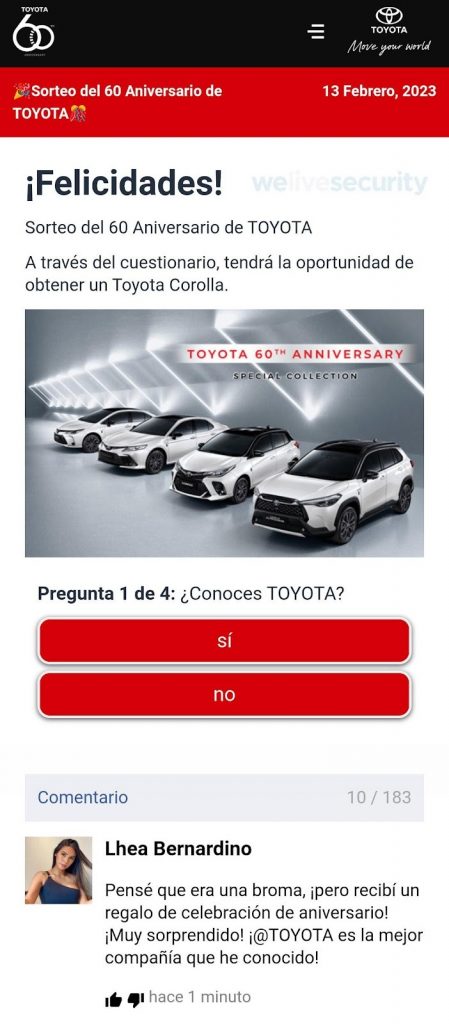 Novo golpe apresenta falso sorteio em aniversário de 60 anos da Toyota