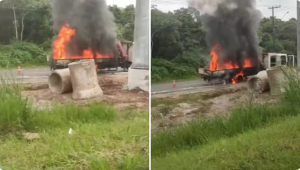 Incêndio destrói caminhão que transportava gerador elétrico em Praia Grande
