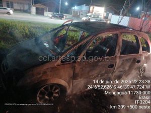 Carro pega fogo após abastecimento em Mongaguá
