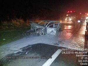 Incêndio em carro interdita rodovia em Itanhaém