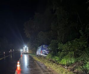 Ônibus sai da pista e vai parar em vegetação na Rio-Santos