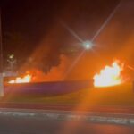 Tubos de PVC pegam fogo em área próxima ao Instituto Neymar Jr, em Praia Grande