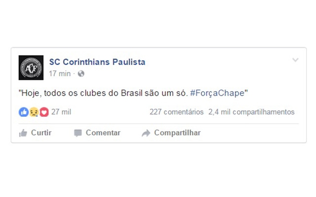 Clubes de futebol e jogadores manifestam solidariedade à Chapecoense