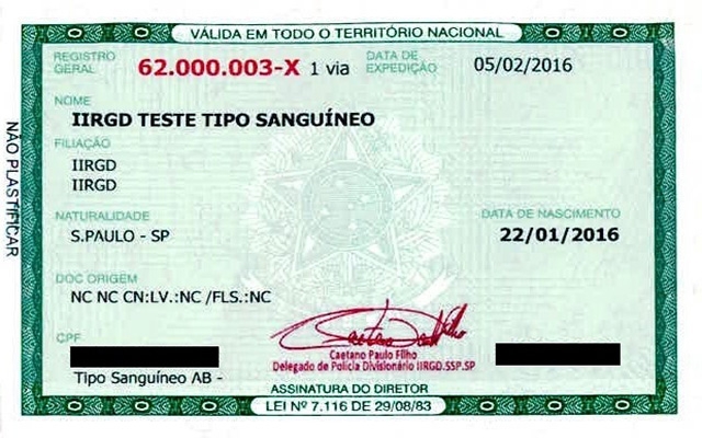 Carteira de Identidade pode incluir tipo sanguíneo