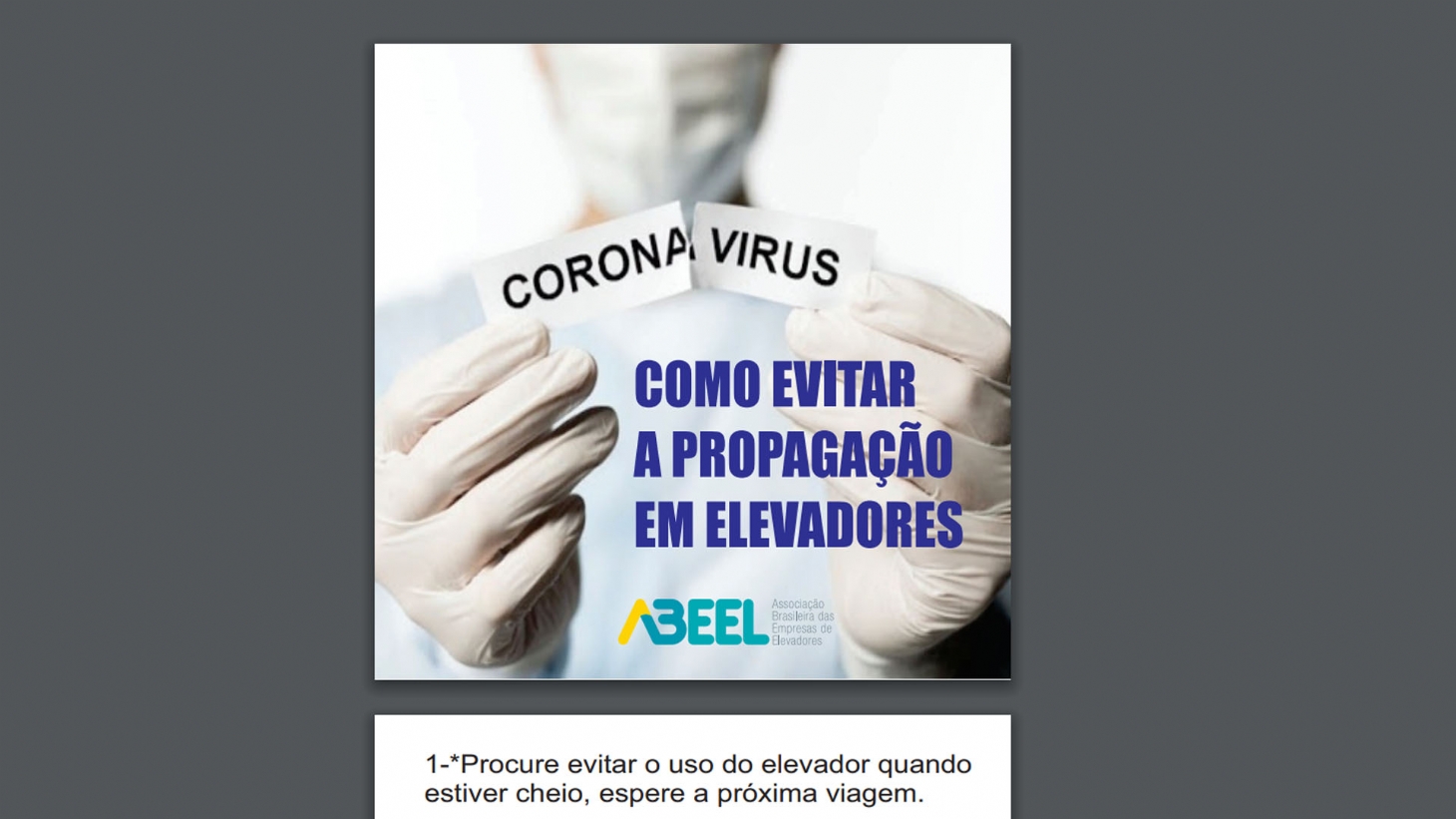 Cartilha ensina como evitar contaminação pelo novo coronavírus em elevadores