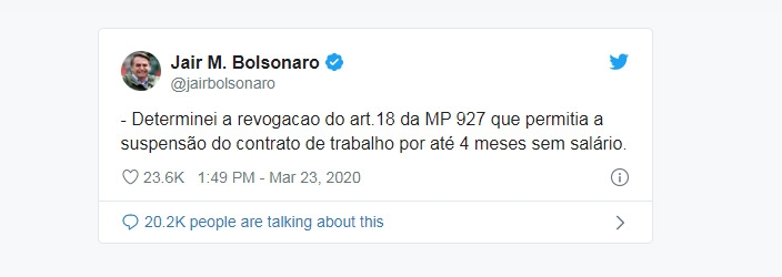 Bolsonaro revoga trecho de MP que previa suspensão de contratos de trabalho por 4 meses