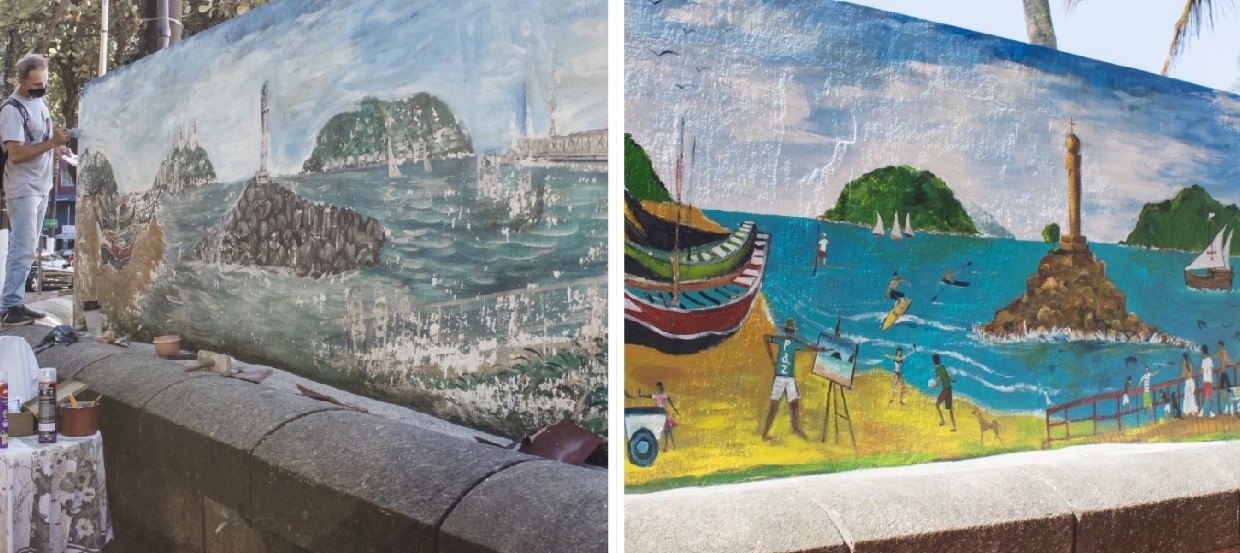Artista revitaliza pintura na Praça Tom Jobim, em São Vicente | Jornal da Orla